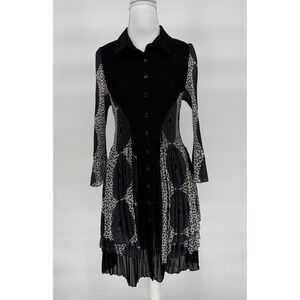 Lindi Accordion-Pleat Button Front Dress XS Black Blue‎ White Bubble Sleeve